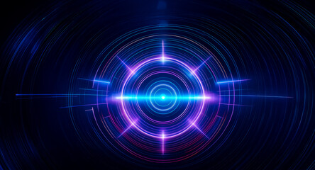 Abstract concentric circles radiate blue and pink light on a dark backdrop, with starburst rays emanating from the bright center, creating a futuristic and dynamic visual effect.