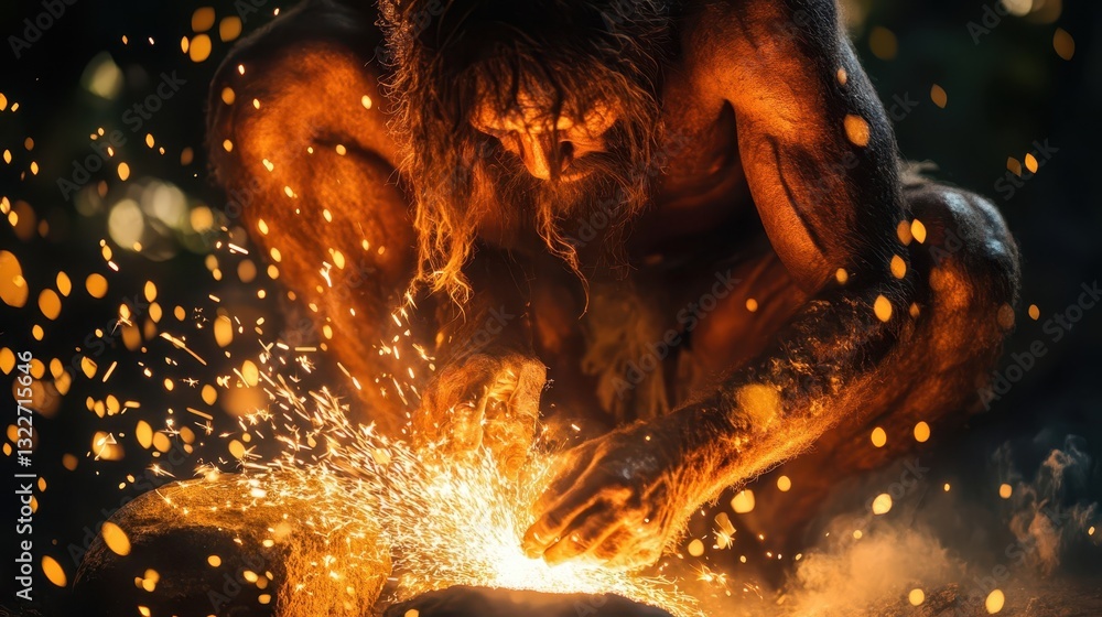 Poster a primitive person sparks a fire with a sharp tool