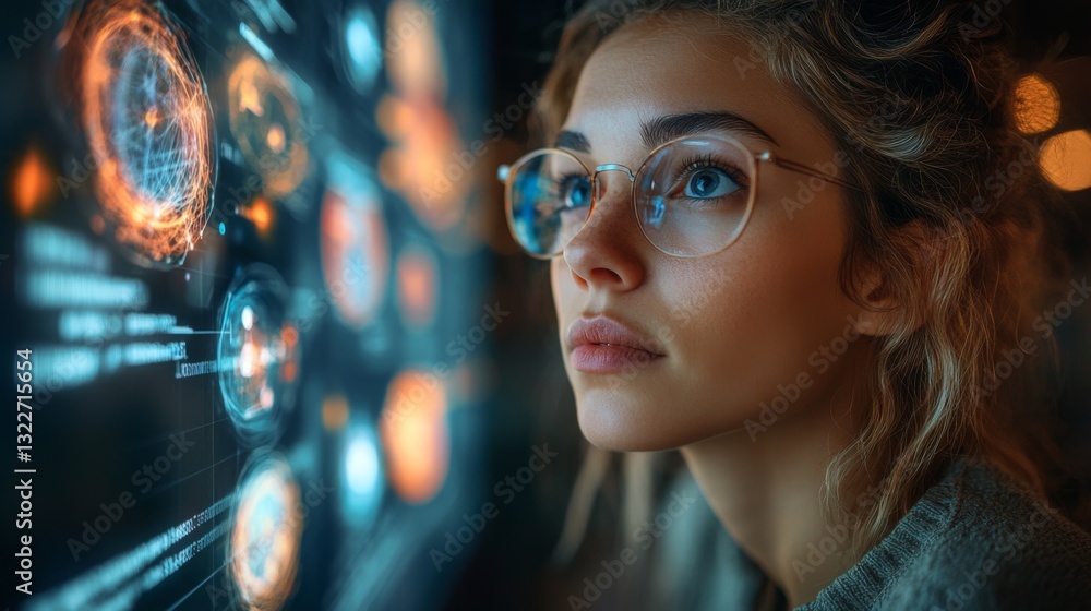 Poster A young woman analyzes complex quantum data representations on an interactive display. Her focus reflects the intricate connections between qubits and neural networks in real-time.