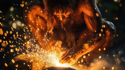 A primitive person sparks a fire with a sharp tool
