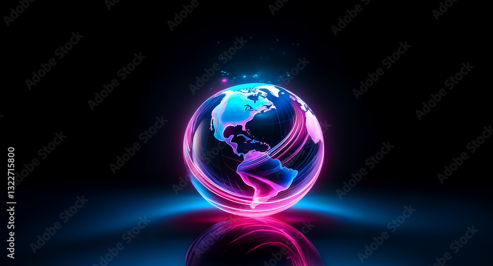 Poster a vibrant globe illuminated by neon pink and blue lights stands out against a dark background. the s