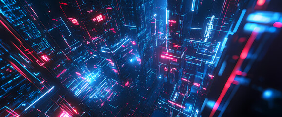 Obraz premium Digital Nexus: Immerse yourself in the intricate world of technology, with a mesmerizing display of interconnected circuits bathed in cool blue and vibrant red hues, suggesting a sense of complexity.