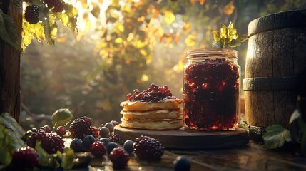 Delicious Pancakes with Berry Jam in a Rustic Setting Food Photography Natural Light
