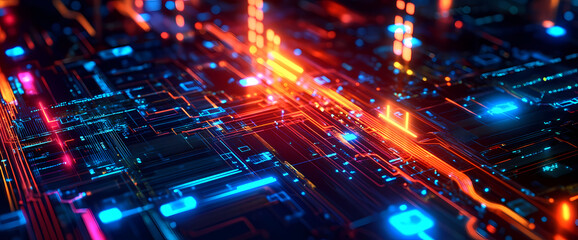 Cybernetic Nexus: An immersive close-up of a computer circuit board, glowing with a vibrant network of interconnected lines and intricate details, showcasing modern technology and data flow.