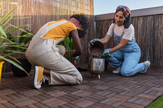 Modern gardening professionals working with plants