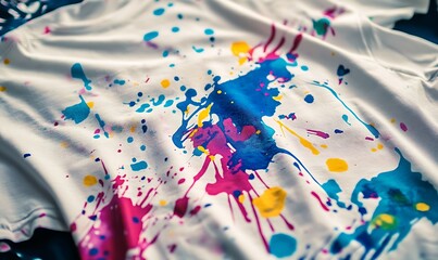 Fototapeta premium A white cotton shirt covered in colorful paint splatters splashes