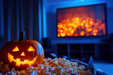 Halloween night in, Jack-o'-lantern, popcorn and movie marathon at home