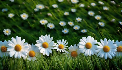 Tranquil Field of White Camomiles Amidst Emerald Grassland with a Soft Sunlit Backdrop at Dawn Perfect for Digital Art, Home Decor, or NatureInspired Design