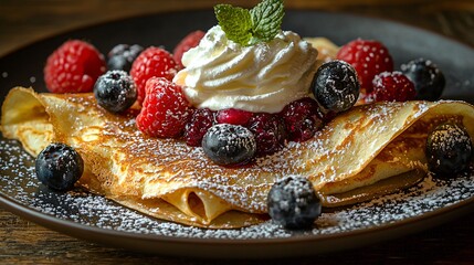 Delicious Crepes with Berries and Whipped Cream Gourmet Cafe Food Photography Cozy Atmosphere Close-Up Culinary Delight