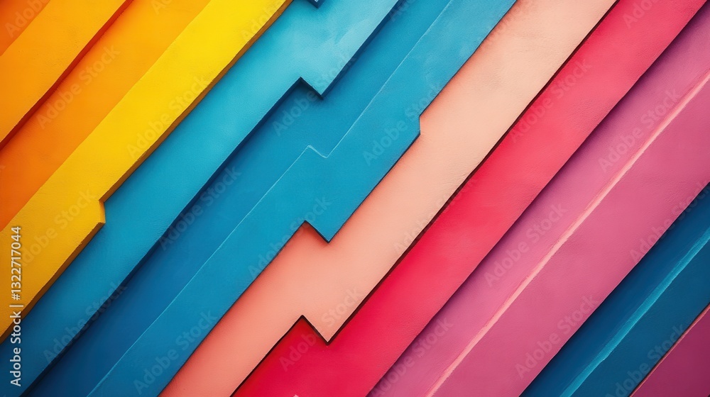 Poster Colorful geometric mural featuring vibrant patterns on a textured wall in an urban setting during daylight hours