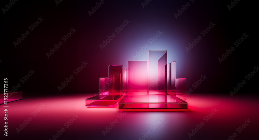 Poster transparent geometric shapes are illuminated with pink and blue light. the clear structures are arra