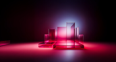 Transparent geometric shapes are illuminated with pink and blue light. The clear structures are arranged in a stepped formation against a dark backdrop. The scene is abstract and modern.