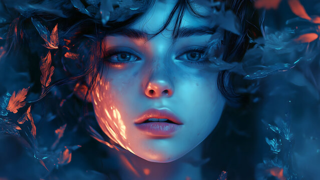 Close-Up of Young Girl&rsquo;s Face with Soft Blue Lighting and Floral Background - Serene and Dreamy Portrait