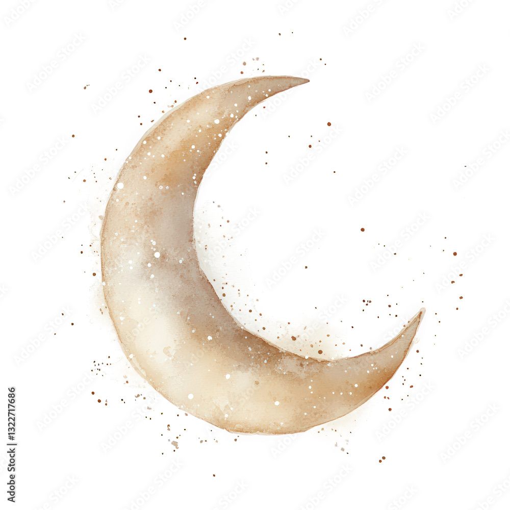 Poster a soft watercolor illustration of a crescent moon surrounded by subtle splashes of color and specks 