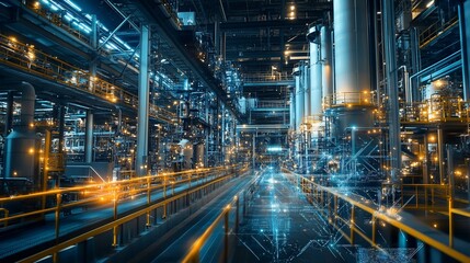 Obraz premium Industrial Facility with complex system of pipes and glowing orange railings and digital lines