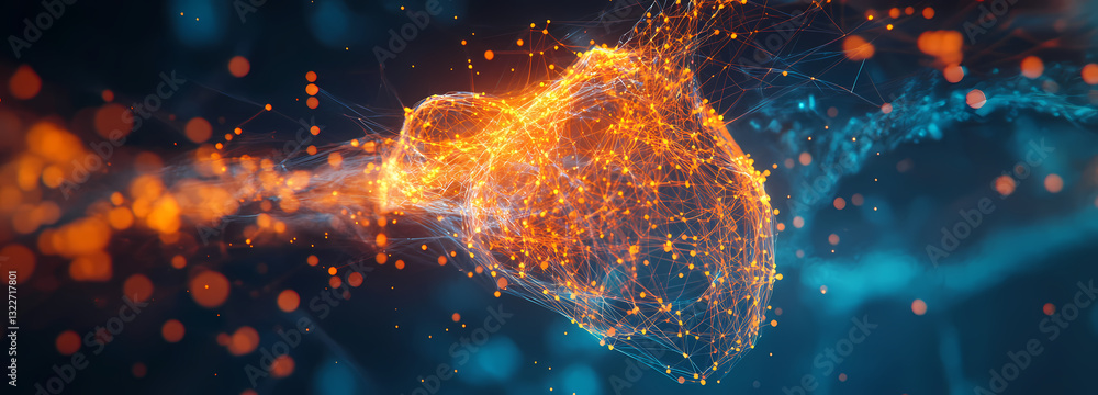 Poster digital punch: a vivid visualization of a digital fist, rendered in a vibrant network of glowing par