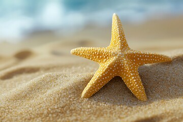 A Vibrant Yellow Starfish Sits Comfortably On Sandy Shore