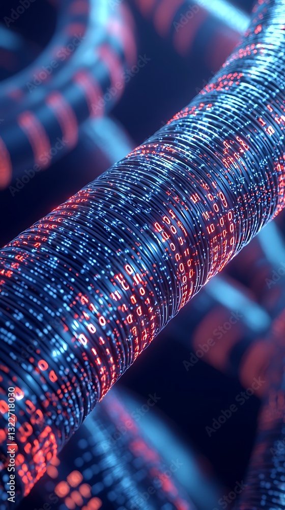 Poster blue and red data stream cable conveying binary digital information