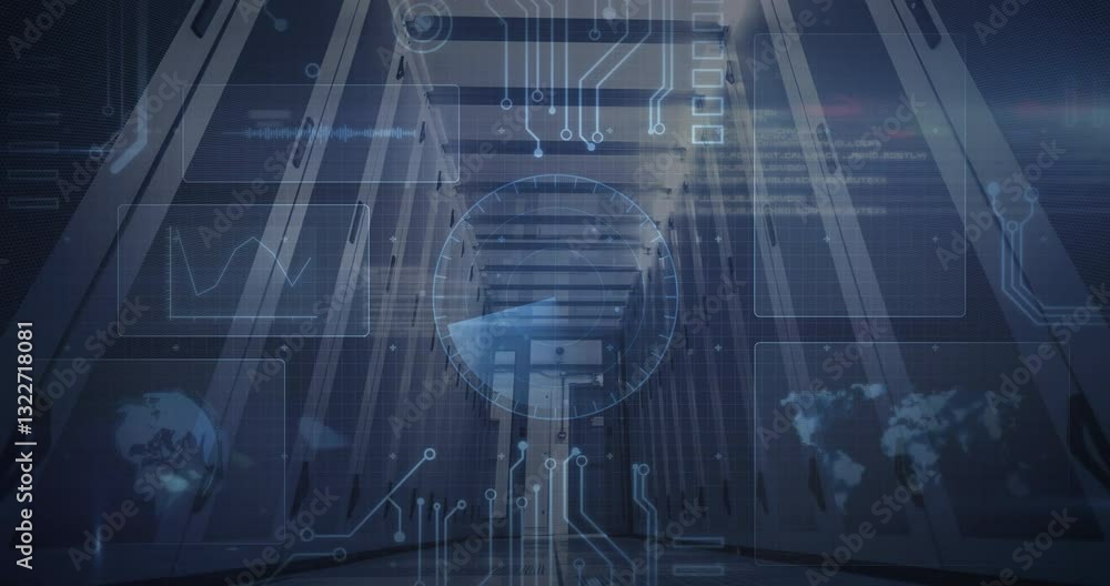 Poster futuristic digital interface animation over hallway with circuit patterns and graphs