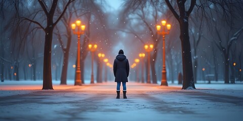 A solitary figure walks down a snow-covered pathway lined with tall trees and glowing street lamps on a winter evening, evoking a sense of solitude, mystery, and peaceful reflection