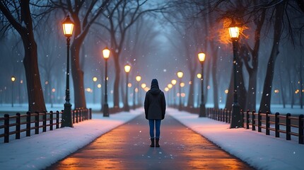 A solitary figure walks down a snow-covered pathway lined with tall trees and glowing street lamps on a winter evening, evoking a sense of solitude, mystery, and peaceful reflection
