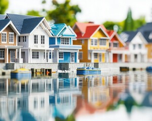 A picturesque row of colorful houses reflecting in calm water, showcasing a serene and idyllic waterfront scene.