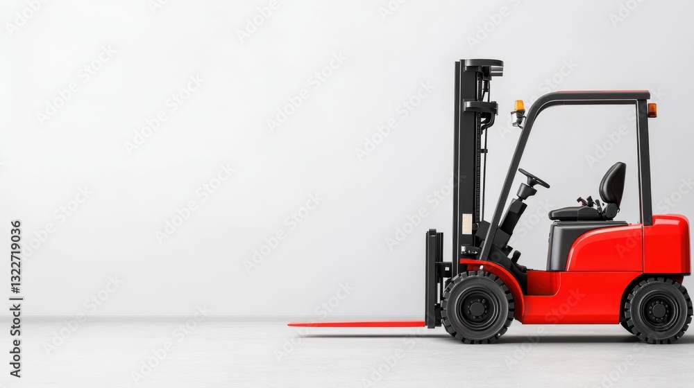Poster red forklift vehicle in a warehouse setting with neutral background for industrial applications and 