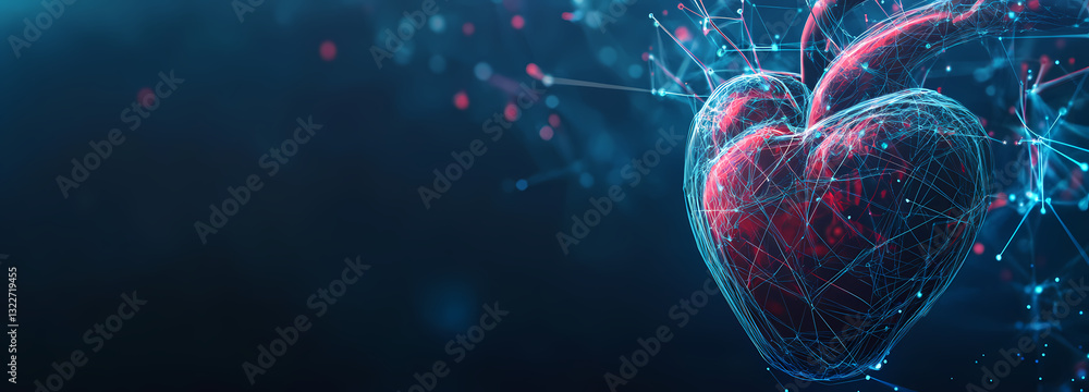 Poster heart of technology: a vibrant, digital representation of a human heart pulses with energy amidst a 