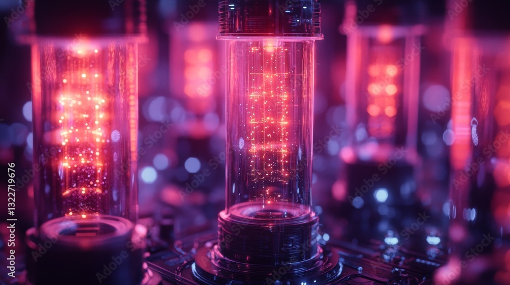 Fototapete A close view of glowing qubit structures showcasing the principles of quantum computing, emphasizing superposition and entanglement within a high-tech environment.