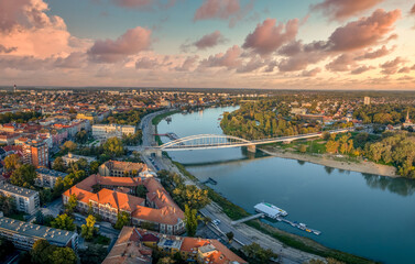 Aerial view of Szeged with Tisza river bridge, Mora museum, downtown historic center in Southern...