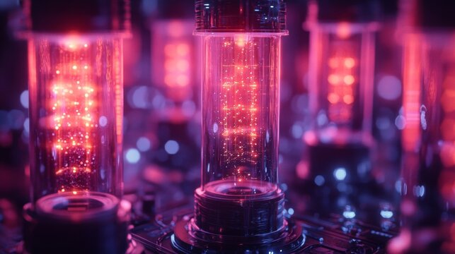 A close view of glowing qubit structures showcasing the principles of quantum computing, emphasizing superposition and entanglement within a high-tech environment.