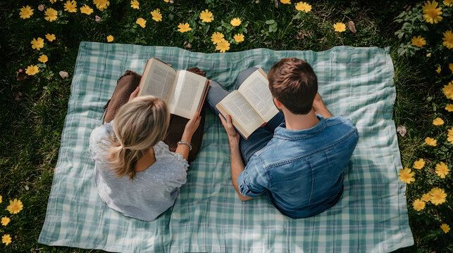 couple enjoys reading books together on pale green plaid blanket surrounded by yellow flowers in serene outdoor setting