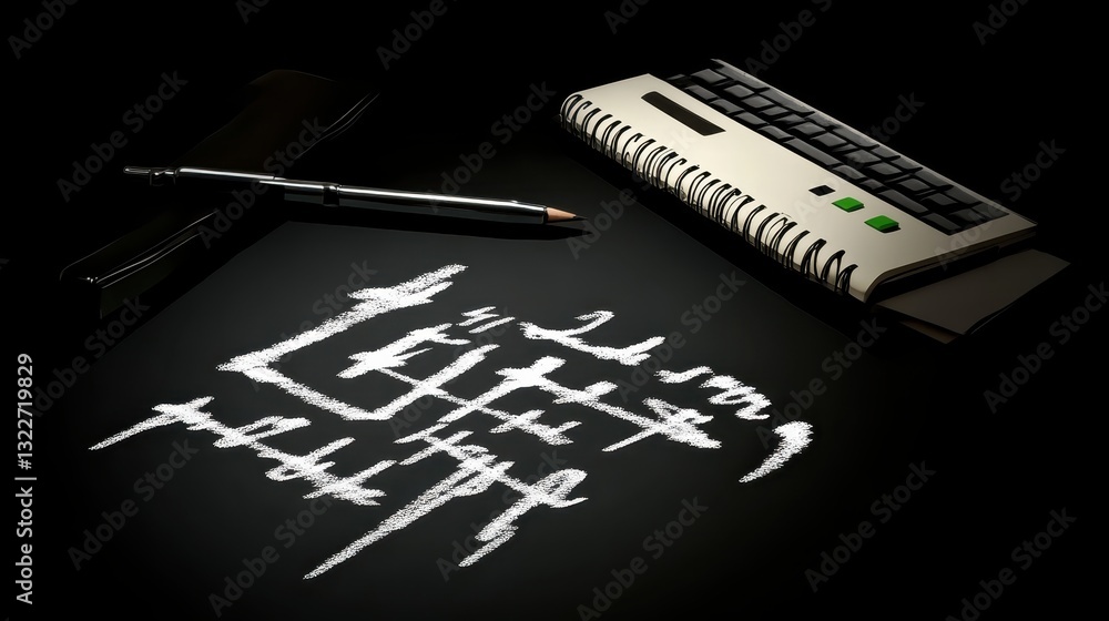 Poster a close-up of a pen and keyboard on a dark surface with abstract white markings