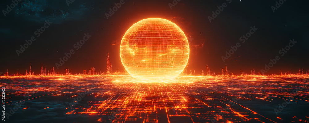 Aufkleber digital horizon: an abstract digital rendering of a radiant, grid-patterned sphere, symbolizing the 