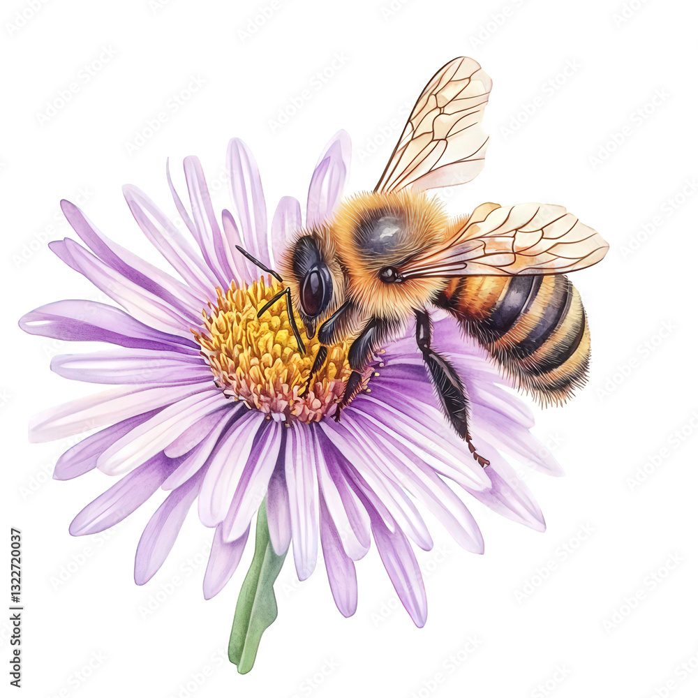 Poster a bee perched on a purple flower showcasing the intricate features of both the insect and the bloom 