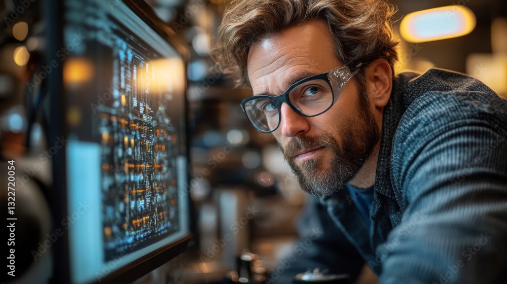 Poster A researcher observes qubit dynamics on a digital display, focusing on quantum states like superposition and entanglement. The lab environment is illuminated with soft lighting.