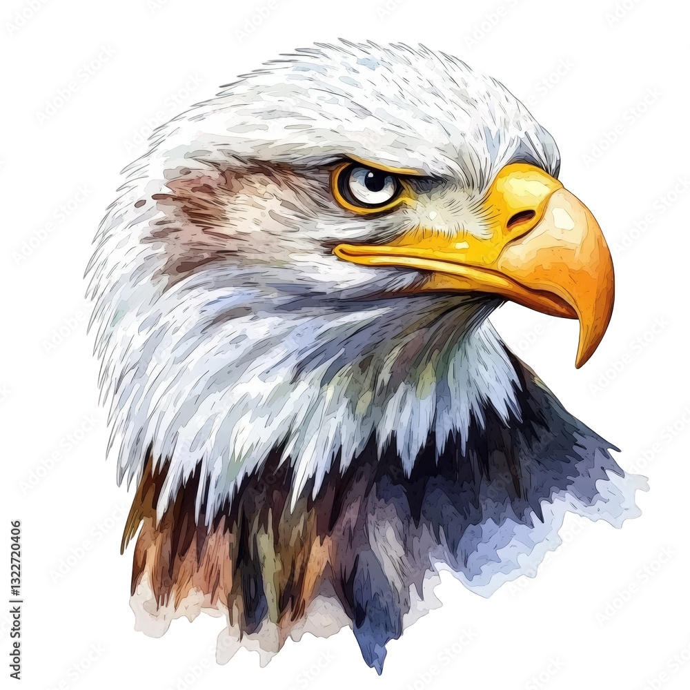 Poster a bald eagle's head showcasing its fierce expression and intricate feather textures emphasizing the 
