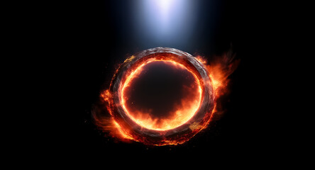 A fiery ring against a black backdrop, illuminated from above by a bright spotlight. The circular object glows with intense heat and energy.