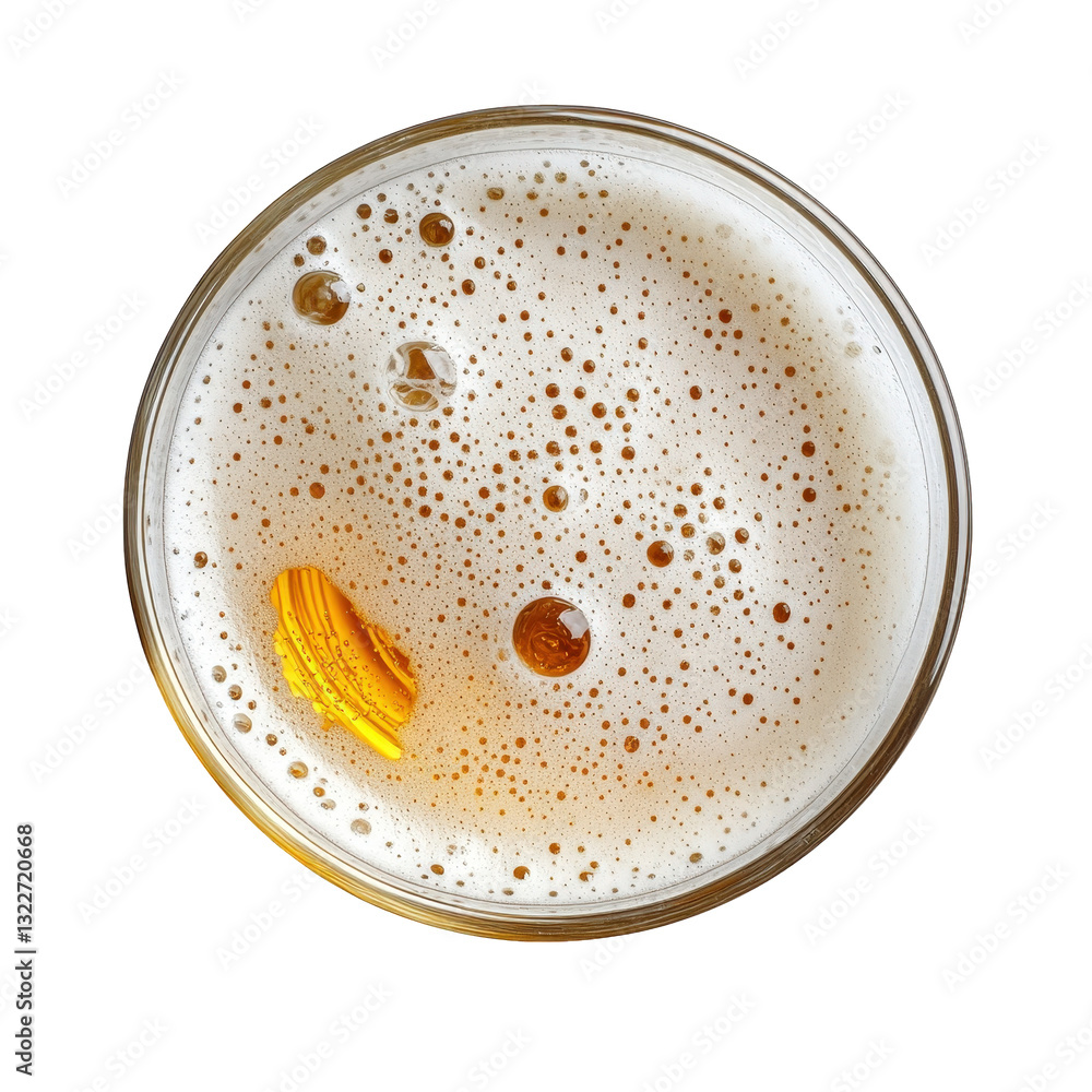 Poster a close-up view of a glass filled with golden beer topped with a frothy white head and a slice of le