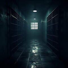 A mysterious prison corridor with metal bars and dim lighting