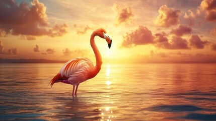 Naklejka premium Flamingo Sunset Paradise: A Serene Tropical Scene