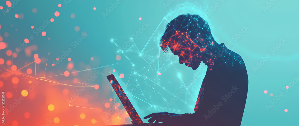 Poster digital connection: a silhouette of a person deeply engrossed in work on a laptop, interwoven with a