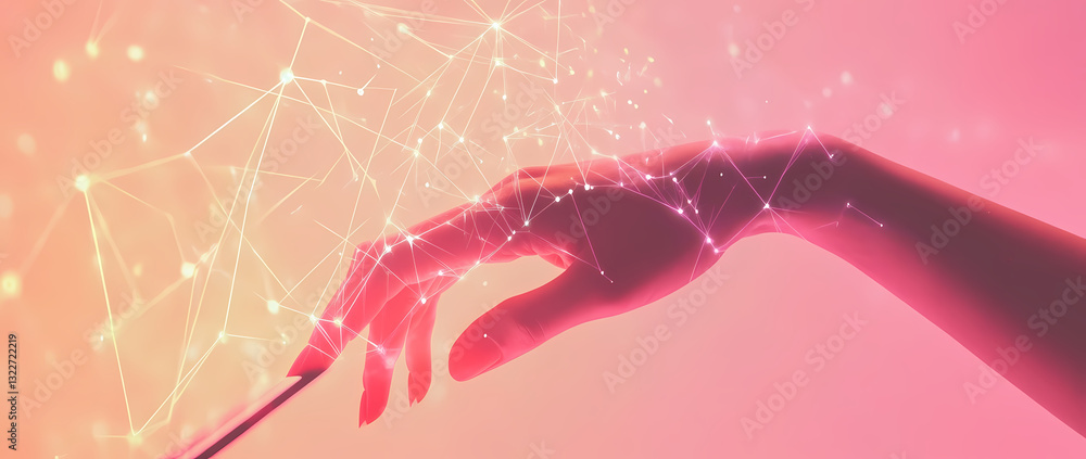 Poster digital touch: a hand interacts with a digital tablet, its surface alive with a network of illuminat