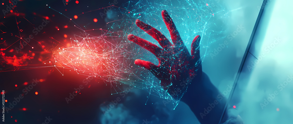 Poster hand in digital space: an outstretched hand reaching into a mesmerizing display of interconnected di