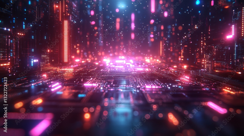Aufkleber This vibrant digital scene showcases quantum computing elements like qubits, superposition, and entanglement. Bright lights and particles create a dynamic atmosphere reflecting advanced algorithms.