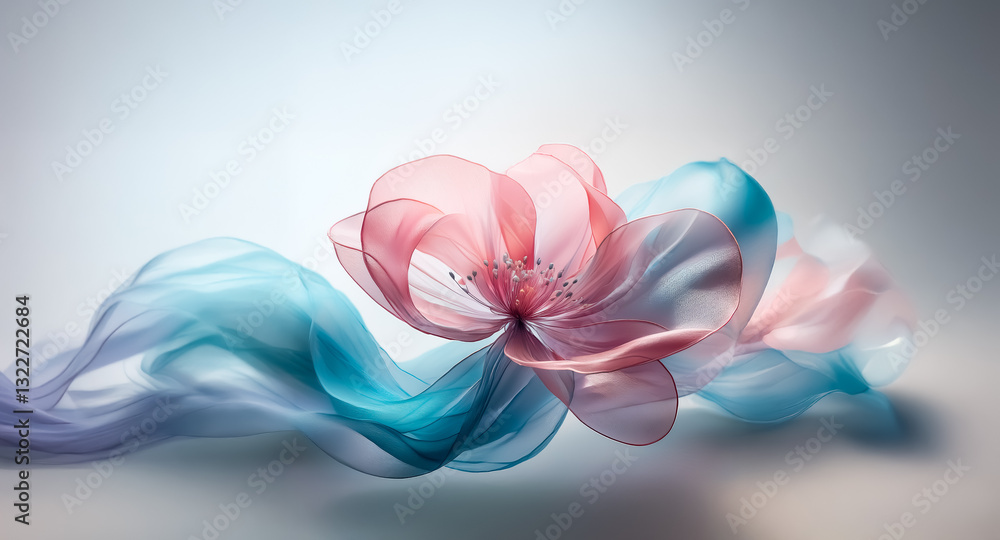 Poster soft pink and blue translucent forms intertwine and flow gracefully against a light background, crea