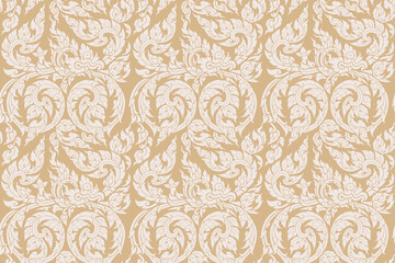Seamless traditional Thai art bold white colored floral arabesque pattern in damask style motifs suitable for wallpaper, cloth, curtain, textile, tile and fabric design isolated over green colored.