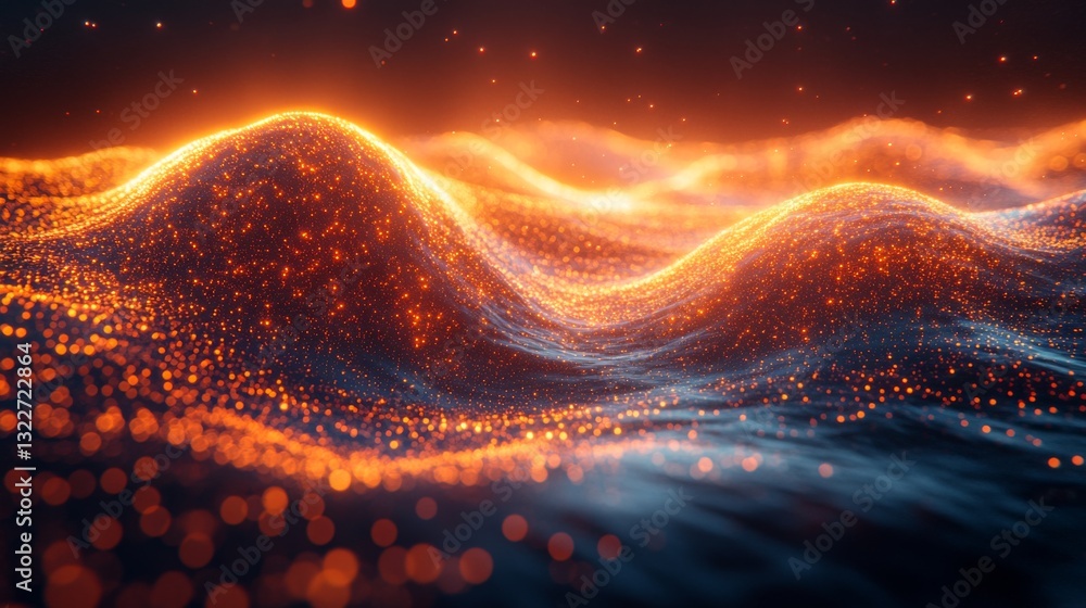 Poster vivid waves of energy dynamically flow, showcasing quantum concepts like superposition, entanglement