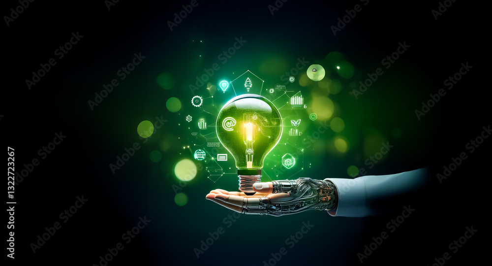 Poster a robotic hand gently cradles a luminous green light bulb, symbolizing innovation and sustainable so