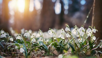 Delicate White Snowdrops Blossoming in a Spring Forest A Pure and Ethereal Ode to Natures First Bloom at Dawn